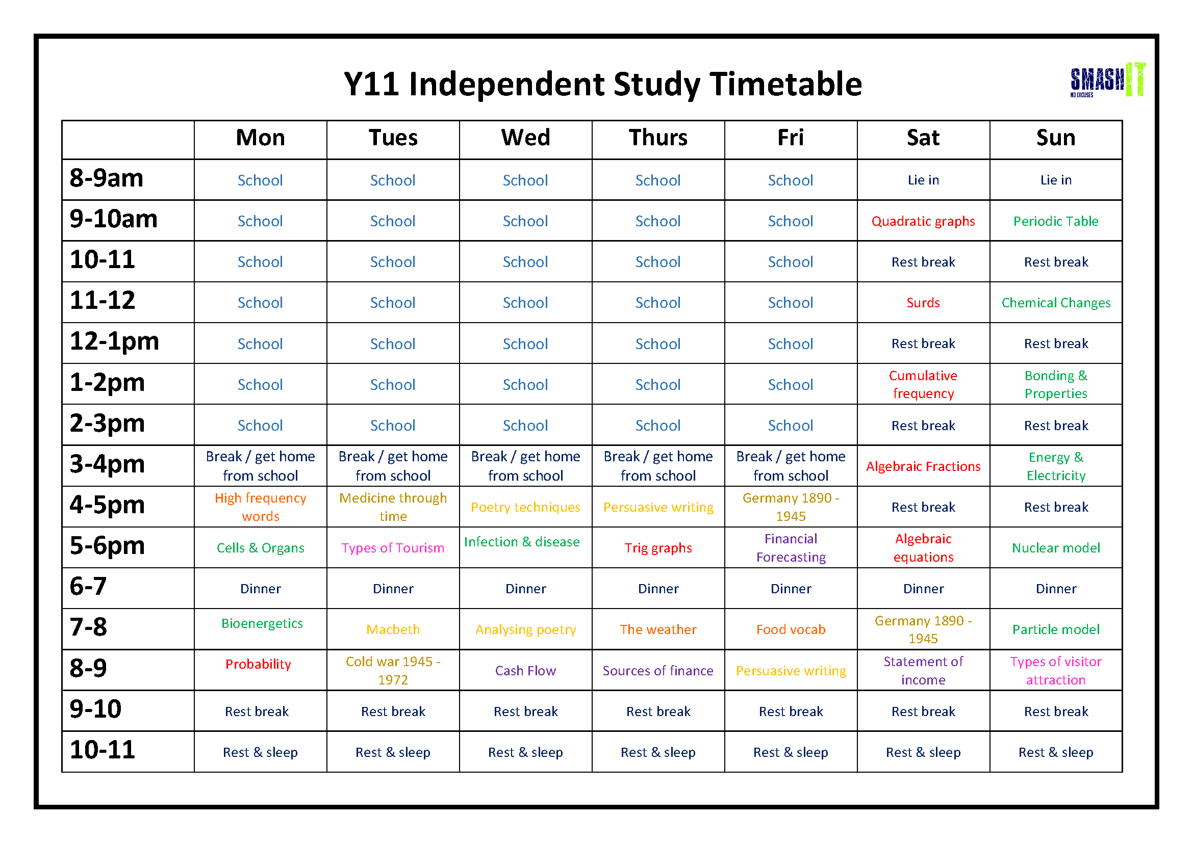 Y11 Independent Study Timetable   example