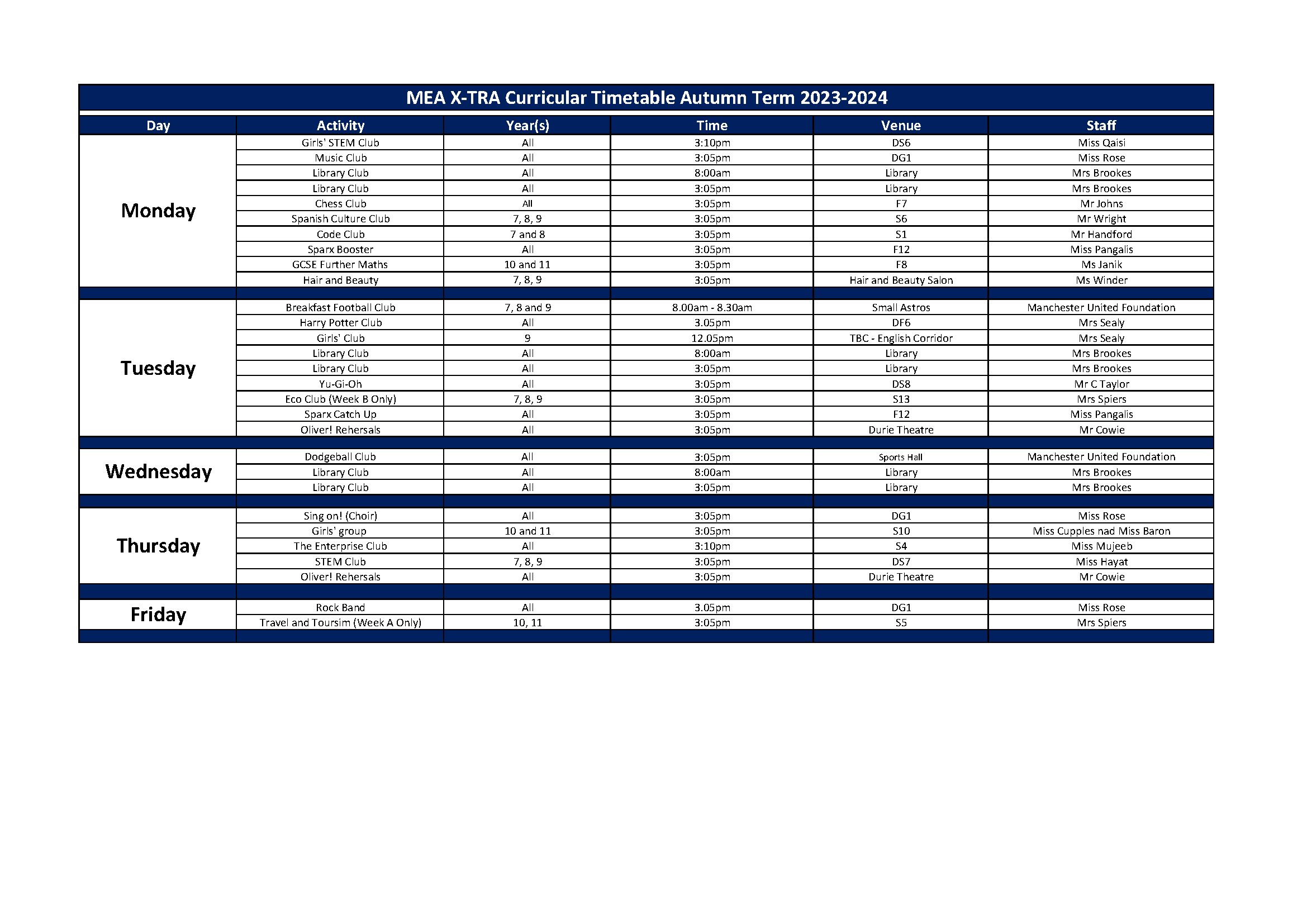MEA Xtra Autumn Timetable 2023 24