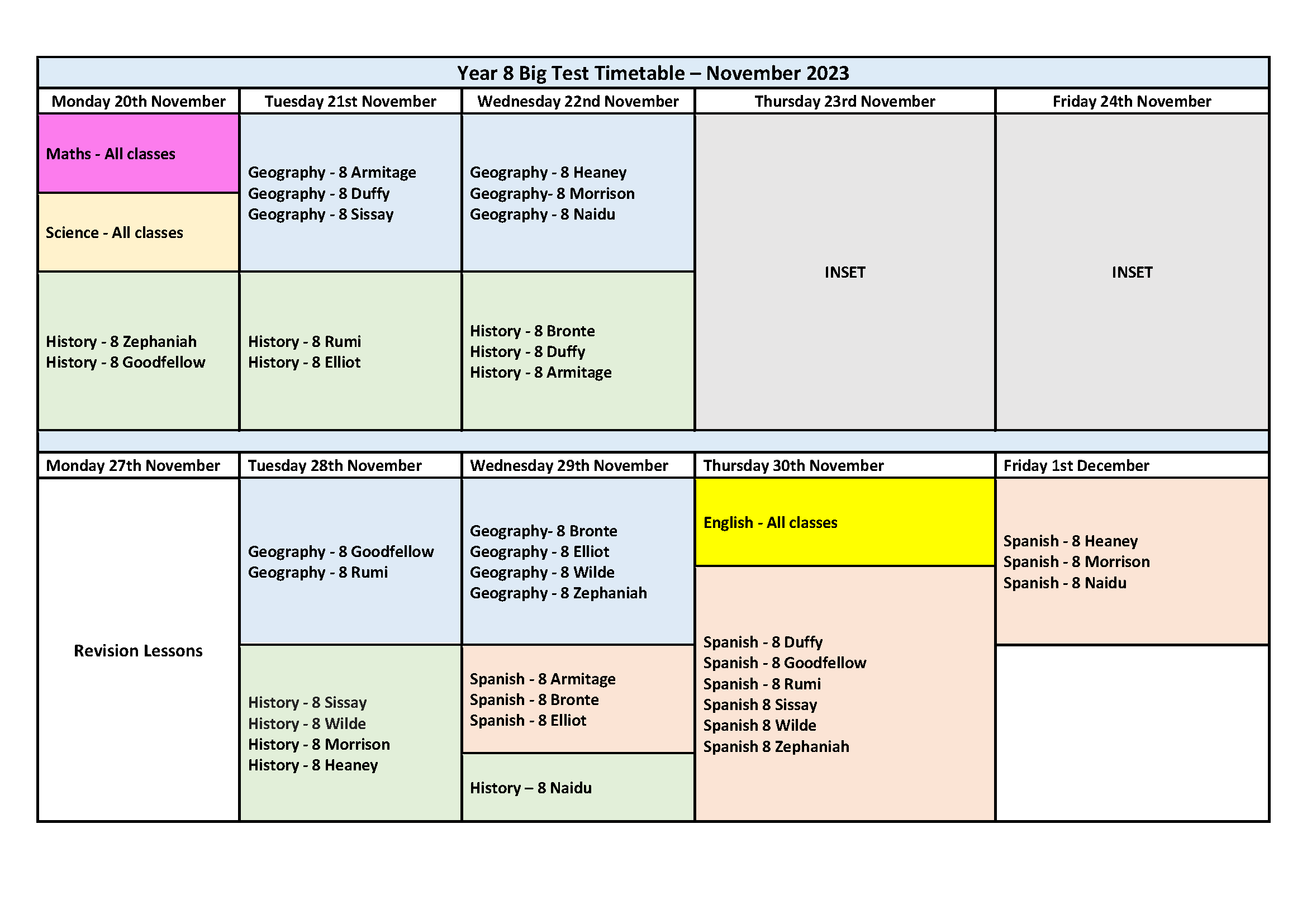 Year 8 Big Test Timetable   Nov 23