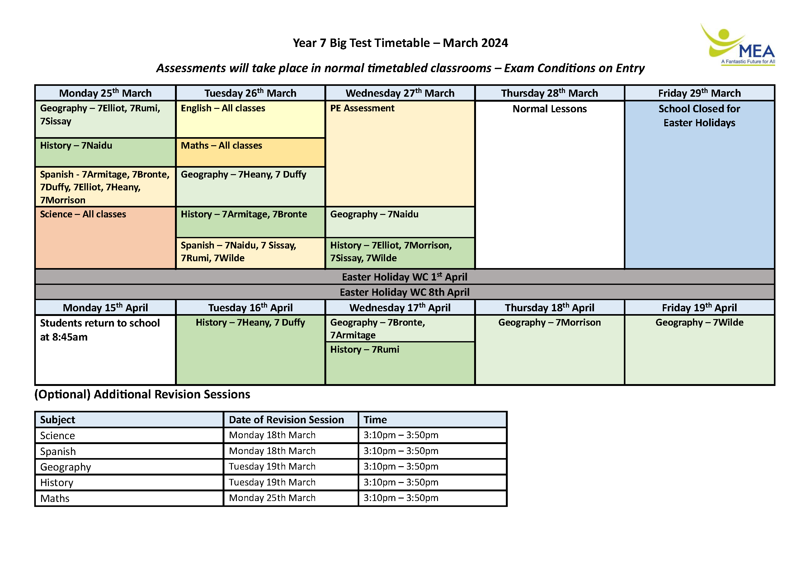 Y7 Big Test Timetable March 24