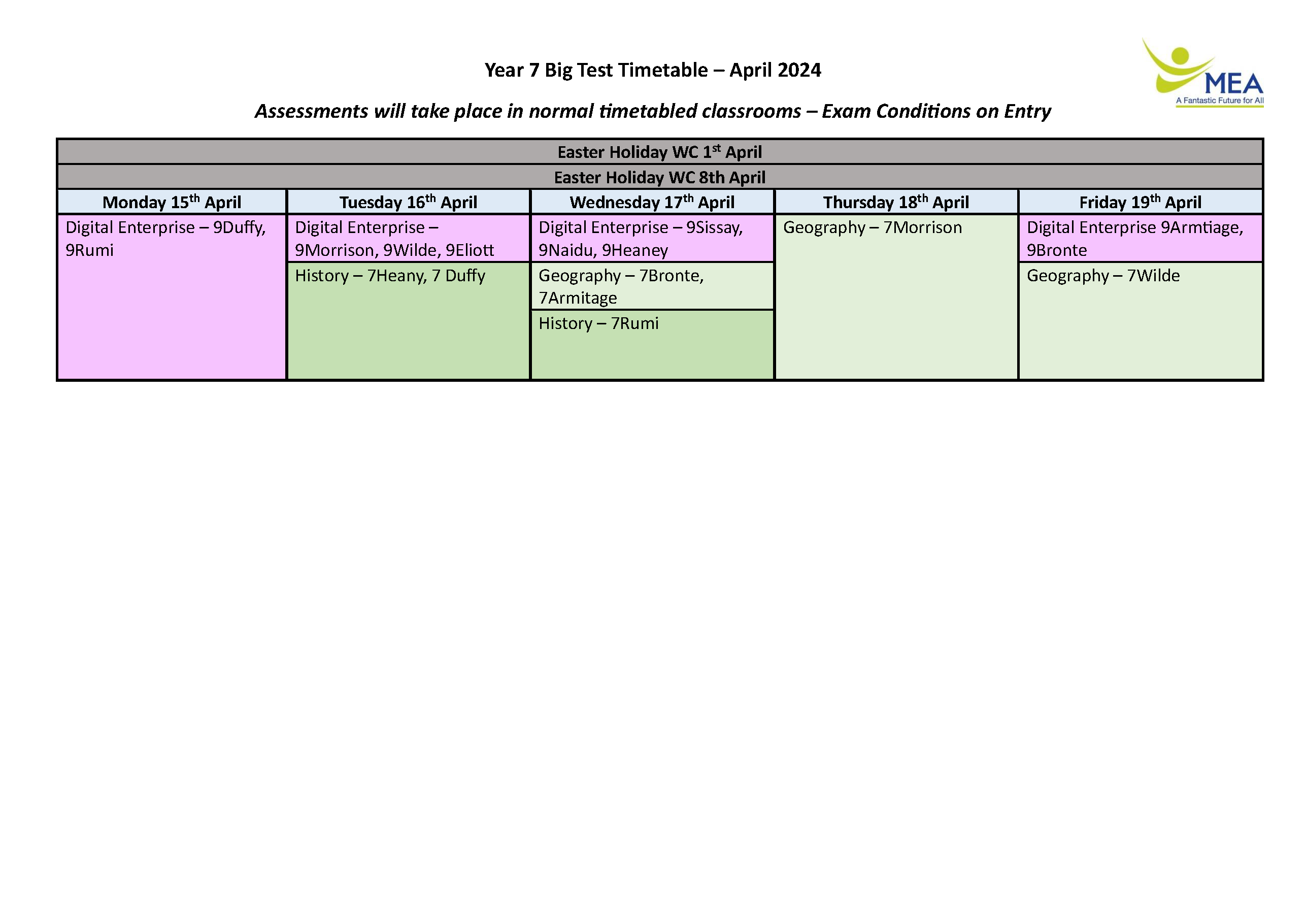 Updated Y7 Big Test Timetable March 24