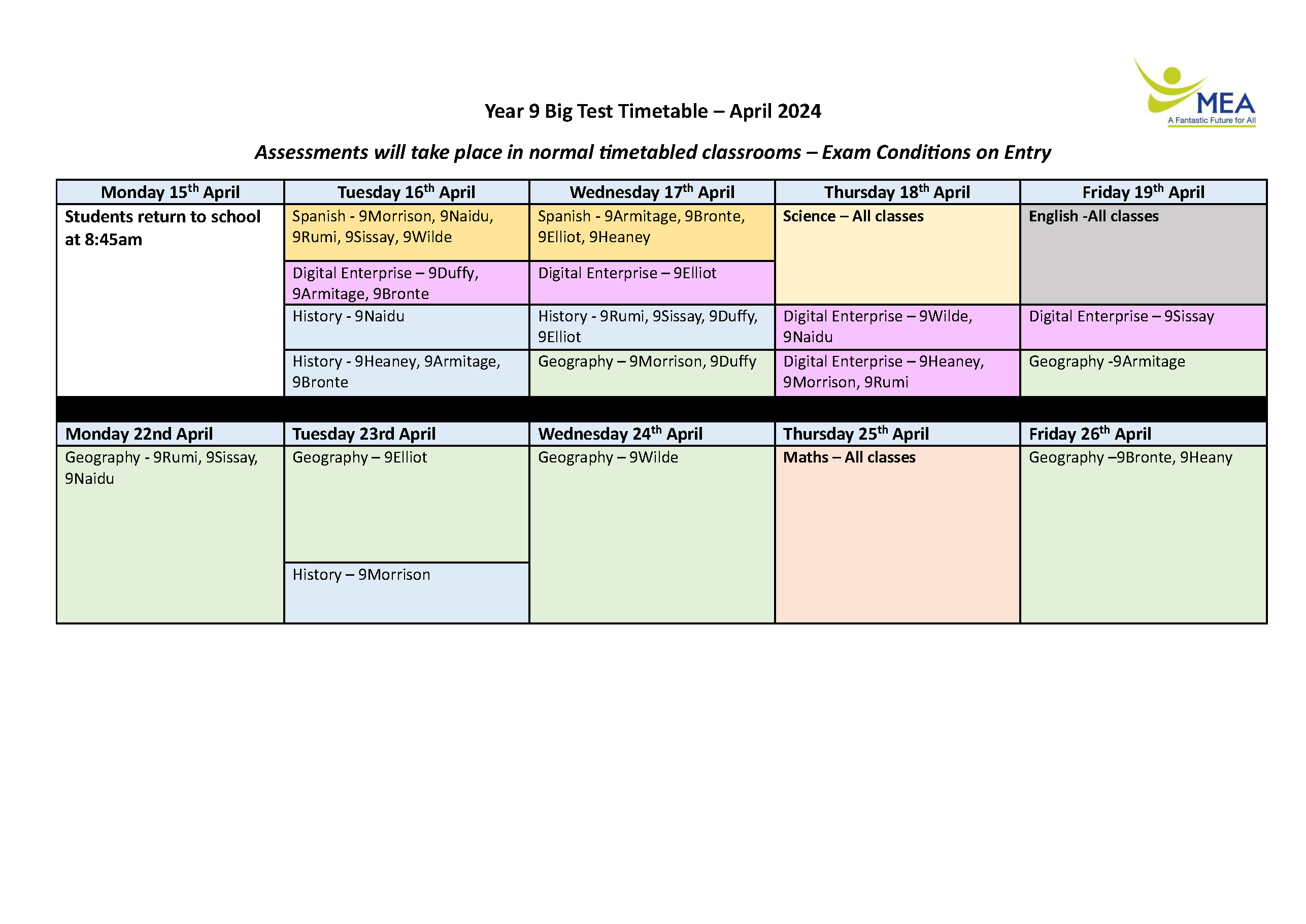 Y9 Big Test Timetable March 24